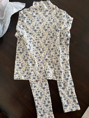 Brandy Melville Cream Ribbed Turtleneck with Blue Floral Print